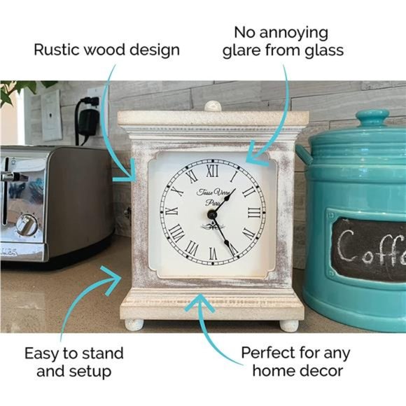 Rustic Shelf Clock (Quiet) for Living Room Mantel, Table, Or Desk 9" X 7" - Picture 3 of 5